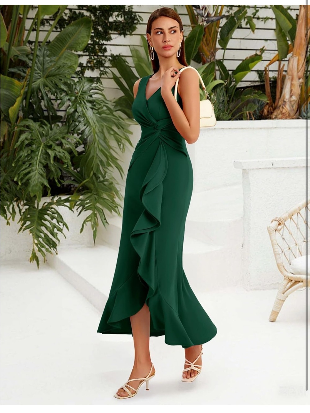 Berylove Elegant Green Ruffle Twist-Front Sleeveless Dress